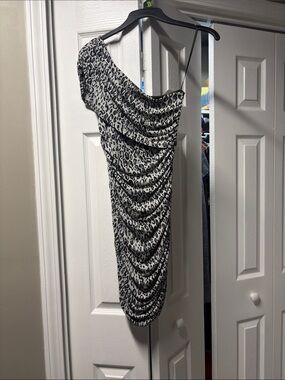 Sweet Storm One-Shoulder Black & White Leopard Ruched Dress